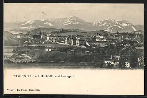 AK Traunstein, Ortsansicht mit Hochfelln und Hochgern