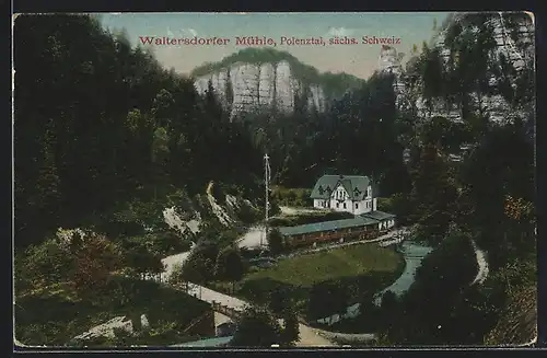 AK Waltersdorfer Mühle /Polenztal, Blick auf Anwesen im Flusstal
