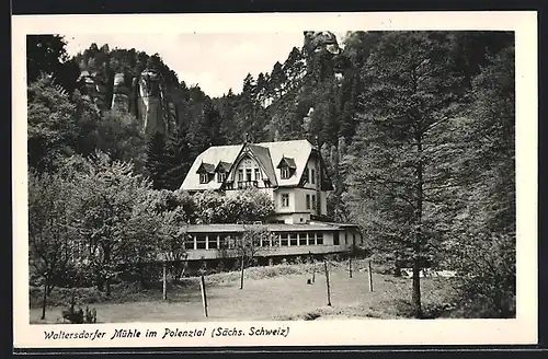 AK Waltersdorfer Mühle /Polenztal, Gutshaus gegen Felsklippen