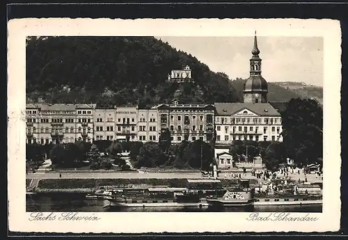 AK Bad Schandau /Sächs. Schweiz, Raddampfer im Fluss vor Deutschem Haus und Fürsthaus-Hotel