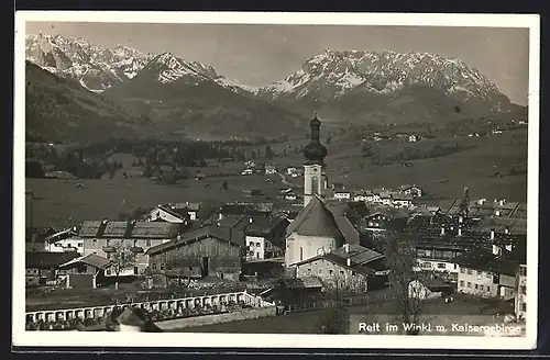 AK Reit im Winkl, Ortsansicht gegen das Kaisergebirge