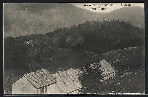 AK Sudelkopf, Molkerei Freundstein mit Ruine und Sudelkopf