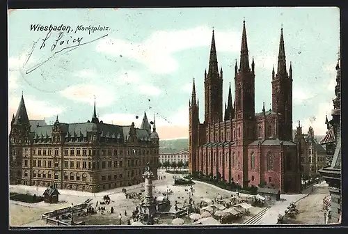AK Wiesbaden, Marktplatz mit Kirche aus der Vogelschau