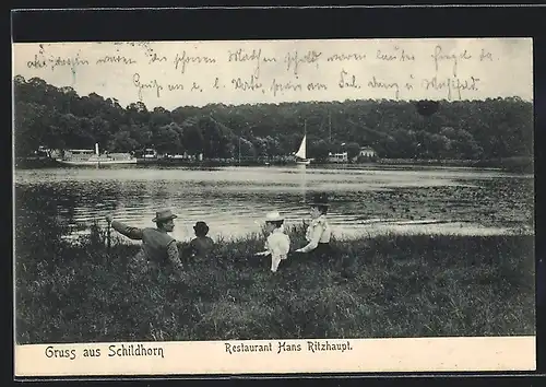 AK Berlin-Grunewald, Schildhorn, Restaurant Hans Ritzhaupt mit Havel und Gruppe am Ufer