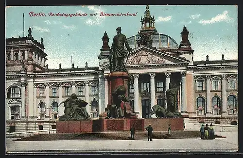 AK Berlin, Reichstagsgebäude mit Bismarckdenkmal