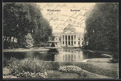 AK Wiesbaden, Kurhaus mit Teich