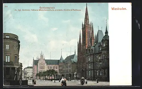 AK Wiesbaden, Schlossplatz mit Schloss und Rathaus