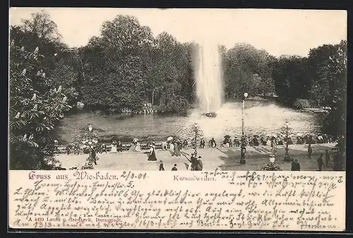 AK Wiesbaden, Kursaalweiher mit Fontäne aus der Vogelschau