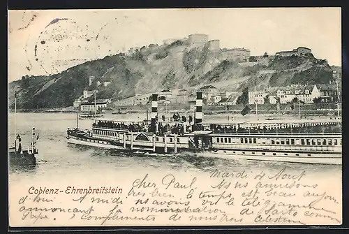 AK Coblenz-Ehrenbreitstein, Ortsansicht mit Dampfer
