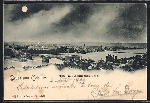 AK Coblenz, Totalansicht mit Eisenbahnbrücke bei Vollmond