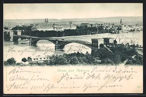 AK Coblenz, Ortsansicht mit Brücke aus der Vogelschau