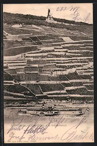 AK Rüdesheim / Rhein, National-Denkmal auf dem Niederwald, Dampfer