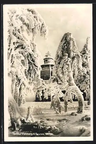 AK Feldberg / Taunus, Blick gegen den Aussichtsturm, Aussichtsturm im Winter