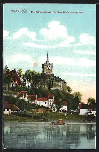 AK Bad Kleve, Blick auf die Schwanenburg vom See mit Ruderbooten