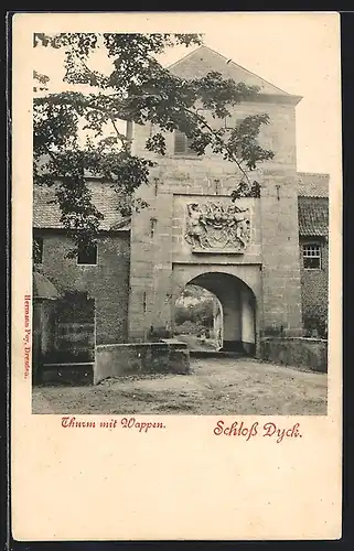 AK Jüchen, Schloss Dyck, Turm mit Wappen