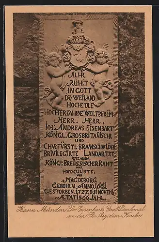 AK Hann. Münden, Dr. Eisenbarts Grab-Denkmal an der St.-Aegidien-Kirche