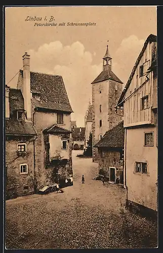 AK Lindau / Bodensee, Peterskirche mit Strasse am Schrannenplatz