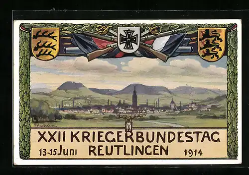 Künstler-AK Ganzsache PP27C257 /01: Reutlingen, XXII. Kriegerbundestag 13.-15.06.1914, Ortsansicht
