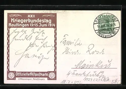 Künstler-AK Ganzsache PP27C257 /01: Reutlingen, XXII. Kriegerbundestag 13.-15.06.1914, Ortsansicht