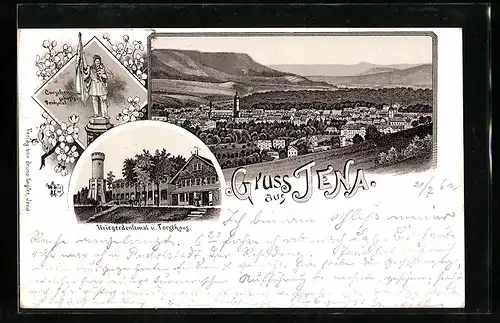 Vorläufer-Lithographie Jena, 1895, Kriegerdenkmal und Forsthaus, Burschenschaftsdenkmal, Ortsansicht
