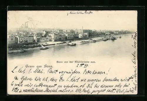 AK Bonn, Stadtpanorama mit Synagoge von der Rheinbrücke aus