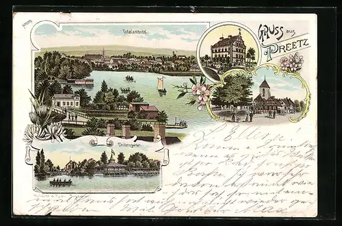 Lithographie Preetz, Ortsansicht, Drillersgarten, Kirche