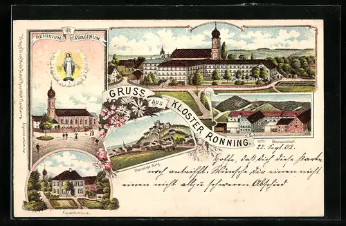 Lithographie Oberroning, Kloster Roning, ehem. Burg, Ökonomiehof, Expositurhaus, Heiligenbild über Kirche
