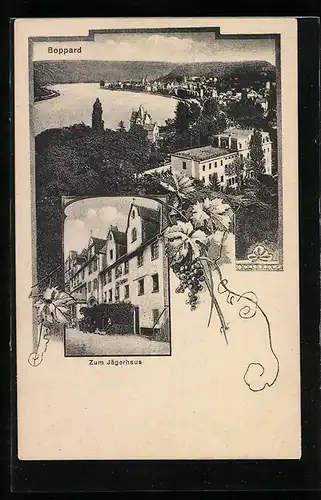 AK Boppard, Gasthof zum Jägerhaus, Ortsansicht mit Rhein aus der Vogelschau