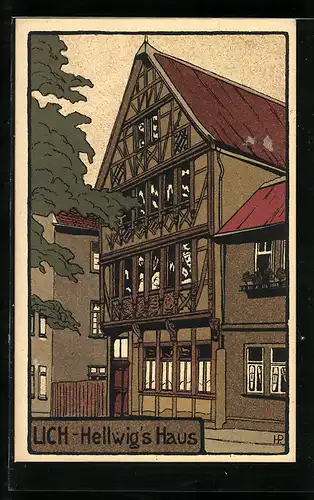 Steindruck-AK Lich, Partie am Hellwig`s Haus