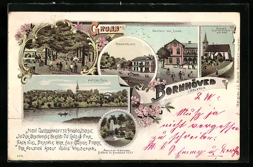 Lithographie Bornhöved /Holstein, Marktplatz, Gasthof zur Linde, Gasthaus Waldkater