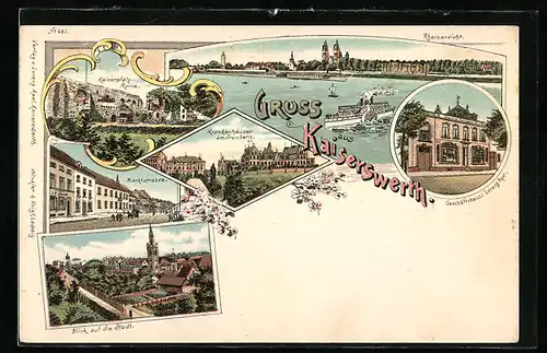 Lithographie Kaiserswerth, Blick auf die Stadt, Geschäftshaus von Lorenz Apel, Kaiserpfalz-Ruine, Dampfer auf dem Rhein