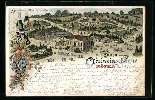 Lithographie Rötha i. S., Obstweinschenke mit Umgebung, Motiv mit Früchten und Wein