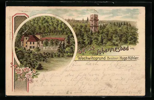 Lithographie Dresden-Wachwitz, Gasthaus Johannesbad von H. Köhler