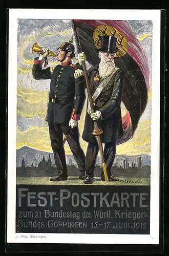 Künstler-AK Göppingen, Fest-Postkarte zum 21. Bundestag des Württ. Krieger-Bundes 1912, Soldat mit Trompete