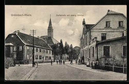 AK Urdenbach /Rhein, Dorfstrasse mit evang. Kirche