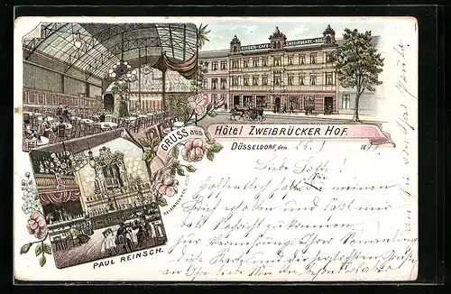 Lithographie Düsseldorf, Hotel Zweibrücker Hof, Bes. Paul Reinsch, Aussenansicht, Innenansichten