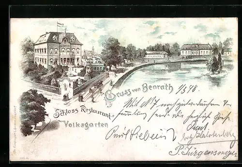 Lithographie Benrath, Schloss Restaurant Volksgarten, Wasserpartie