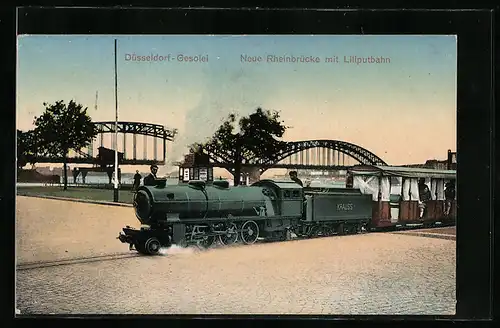 AK Düsseldorf, Gesolei 1926, Neue Rheinbrücke mit Liliputbahn, Kleinbahn