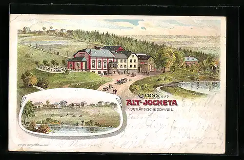 Lithographie Alt-Jocketa /Vogtlän. Schweiz, Gastwirtschaft mit Biergarten, Ortsansicht mit Angelteich