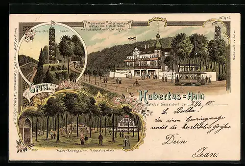 Lithographie Rath b. Düsseldorf, Restaurant Hubertus-Hain, Waldanlagen im Hubertus-Hain, Aussichtsthurm