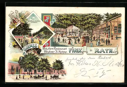 Lithographie Rath / Düsseldorf, Restaurant Fink, Bes. A. Richter, Haltestelle der electr. Bahn am Restaurant