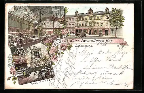 Lithographie Düsseldorf, Hotel Zweibrücker Hof, Bes. Paul Reinsch, Aussenansicht, Innenansichten
