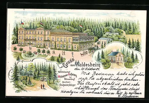 Lithographie Waldesheim, Naturheilanstalt Waldesheim-Grafenberg, Bes. Geschwister Fellinger, Parkanlage