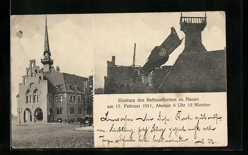 AK Nauen / Haveland, Einsturz des Rathausturmes am 17. Februar 1911, Abends 5 Uhr u. 12 Minuten