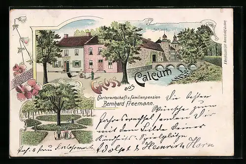 Lithographie Calcum, Gastwirtschaft und Familinepension Bernhard Frremann, Schloss, Gartenanlage