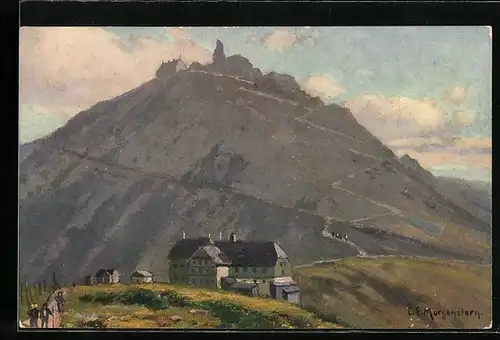 Künstler-AK Carl Ernst Morgenstern: Schneekoppe mit der Riesenbaude