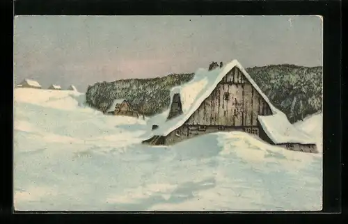 Künstler-AK Friedrich Iwan: Grenzbauden, Bauden im Abendlicht unter Schneedecke