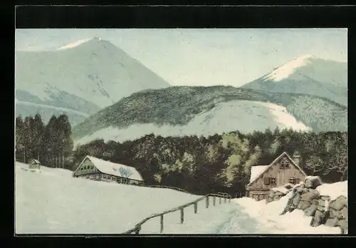 Künstler-AK Friedrich Iwan: Wolfshau, Ortspartie mit Schneekoppe, Riesengebirge
