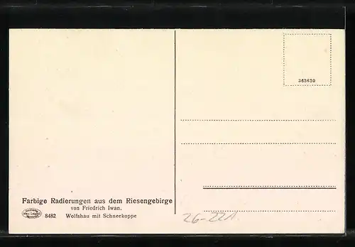 Künstler-AK Friedrich Iwan: Wolfshau, Ortspartie mit Schneekoppe, Riesengebirge