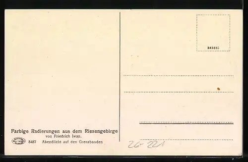 Künstler-AK Friedrich Iwan: Abendlicht auf den Grenzbauden im Schnee, Riesengebirge